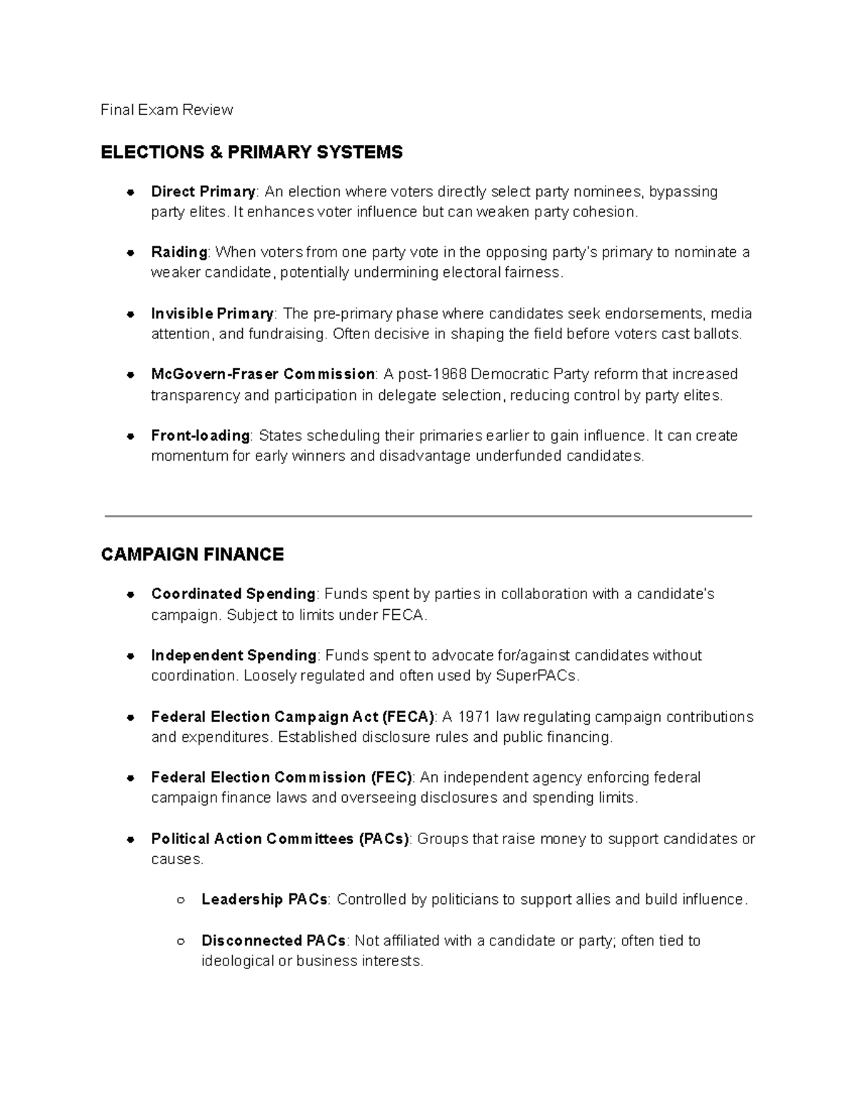 Comprehensive Review of U.S. Elections: Final Exam Notes (POL 101 ...