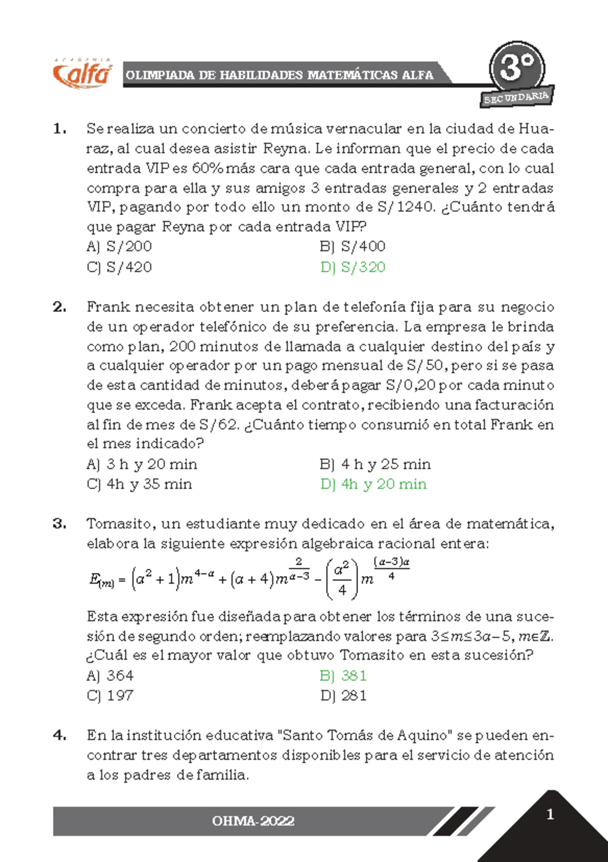 OLIMPIADA DE HABILIDADES MATEMÁTICAS ALFA 3 IA SECUNDAR - Ejercicios y ...