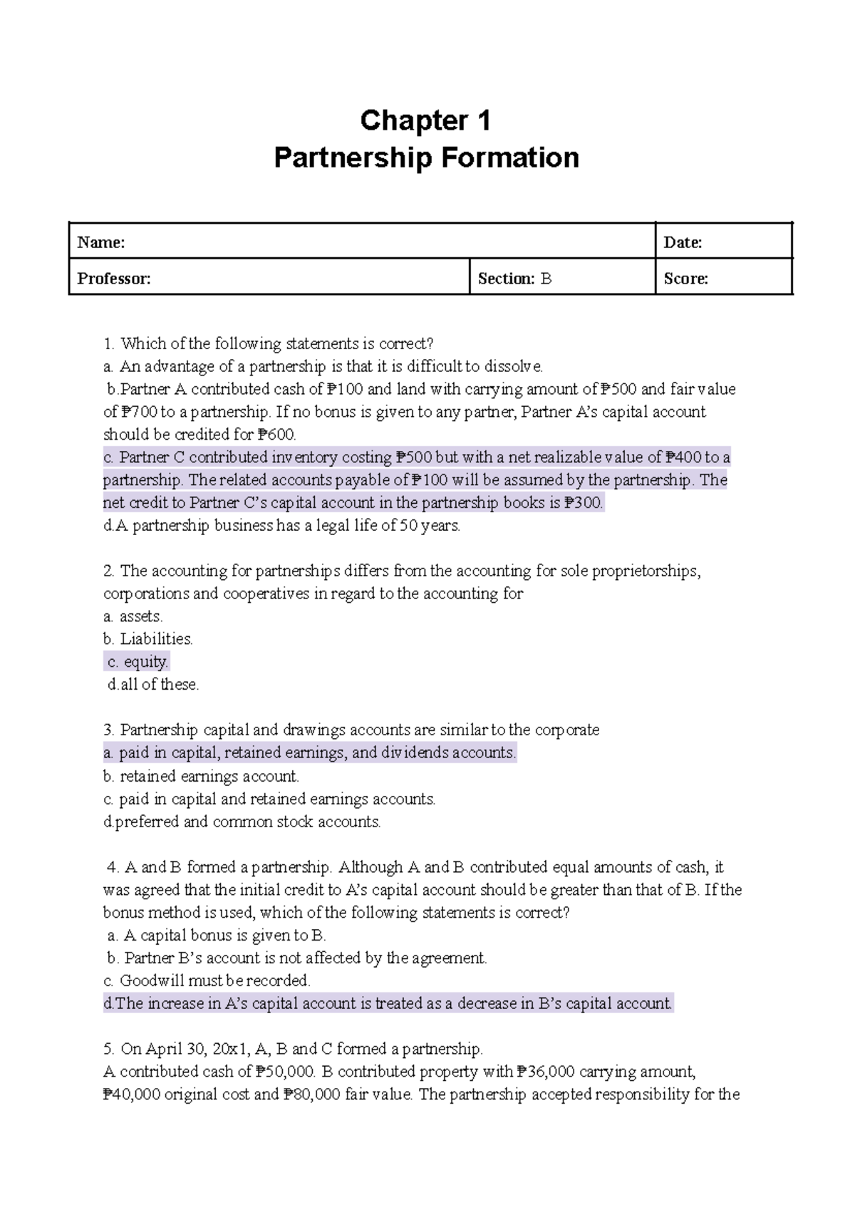 Chapter 1: Partnership Formation and Contributions Analysis - Studocu
