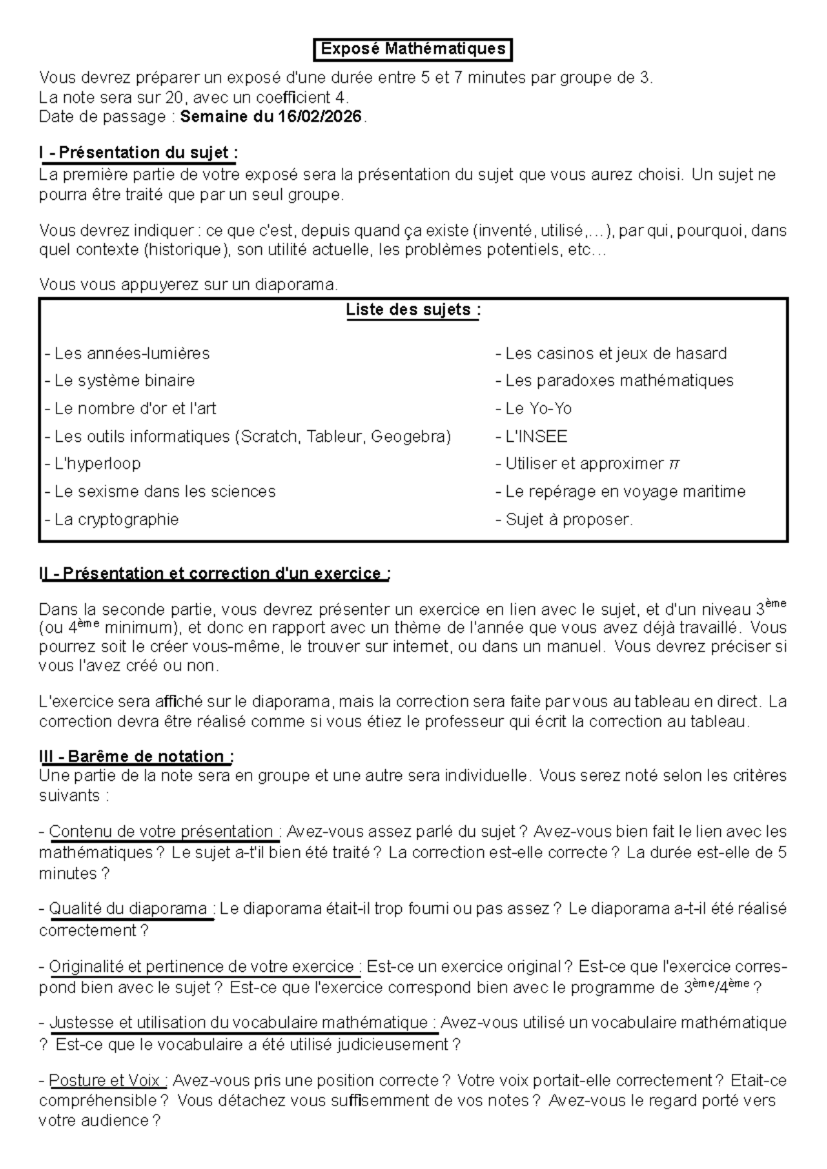 Sujet Exposé Mathématiques Guide de Présentation et Évaluation Studocu — free download