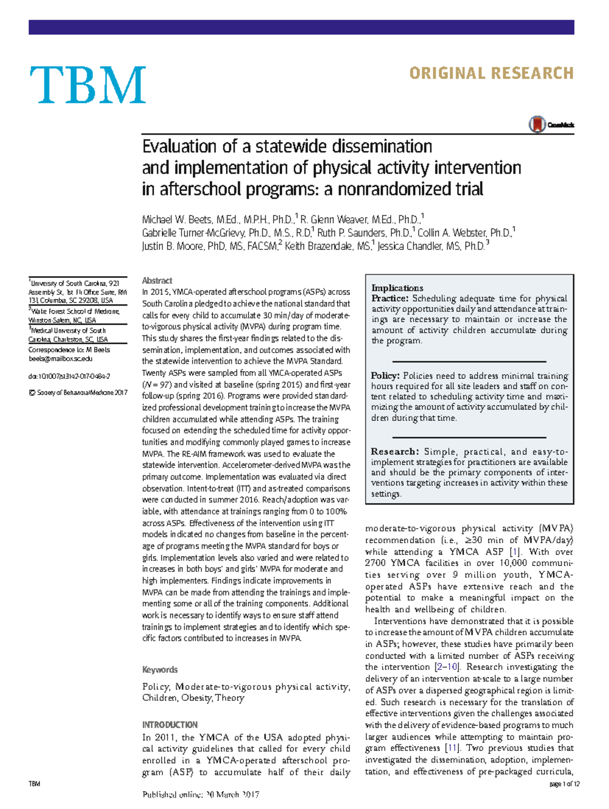 Evaluation of Physical Activity Interventions in YMCA ASPs: A ...