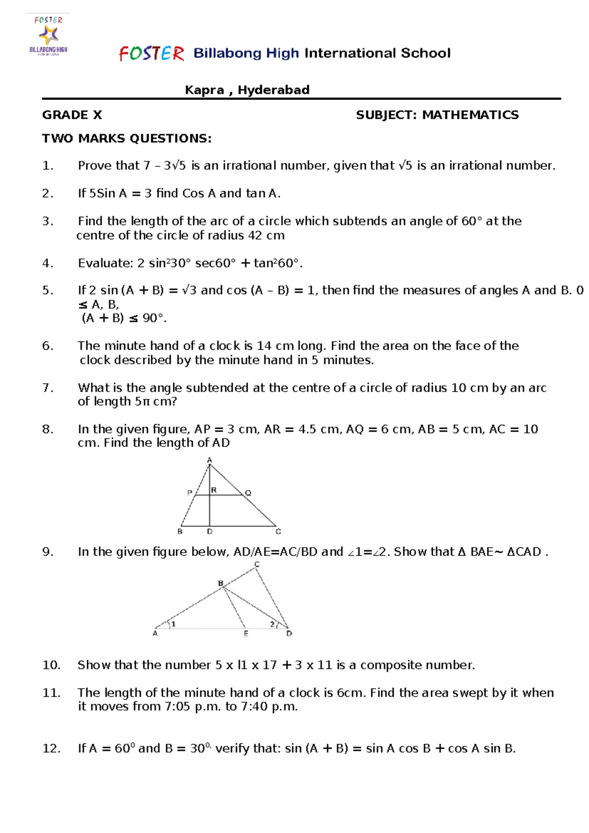 Maths 2M 3M&5M - Kapra , Hyderabad GRADE X SUBJECT: MATHEMATICS TWO ...