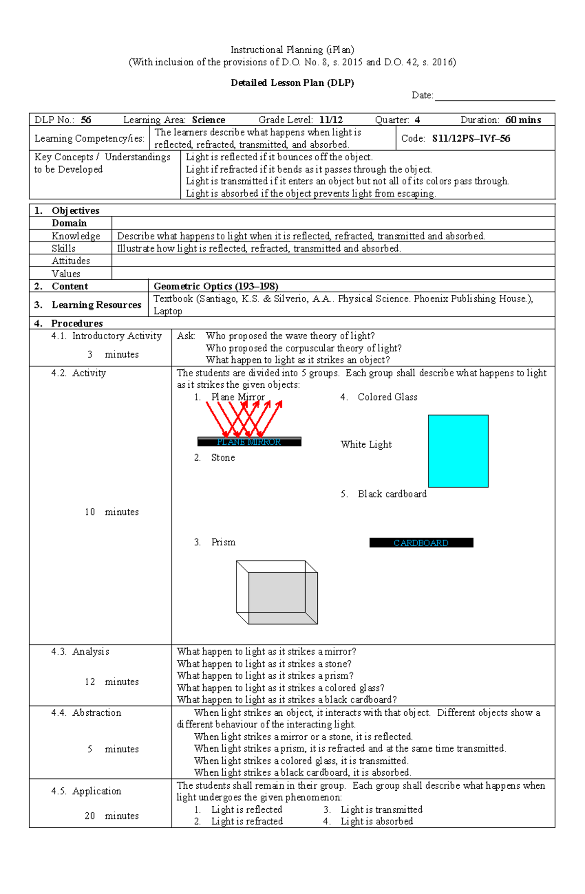 DLP PS 56: Detailed Lesson Plan on Light Phenomena in Science - Studocu