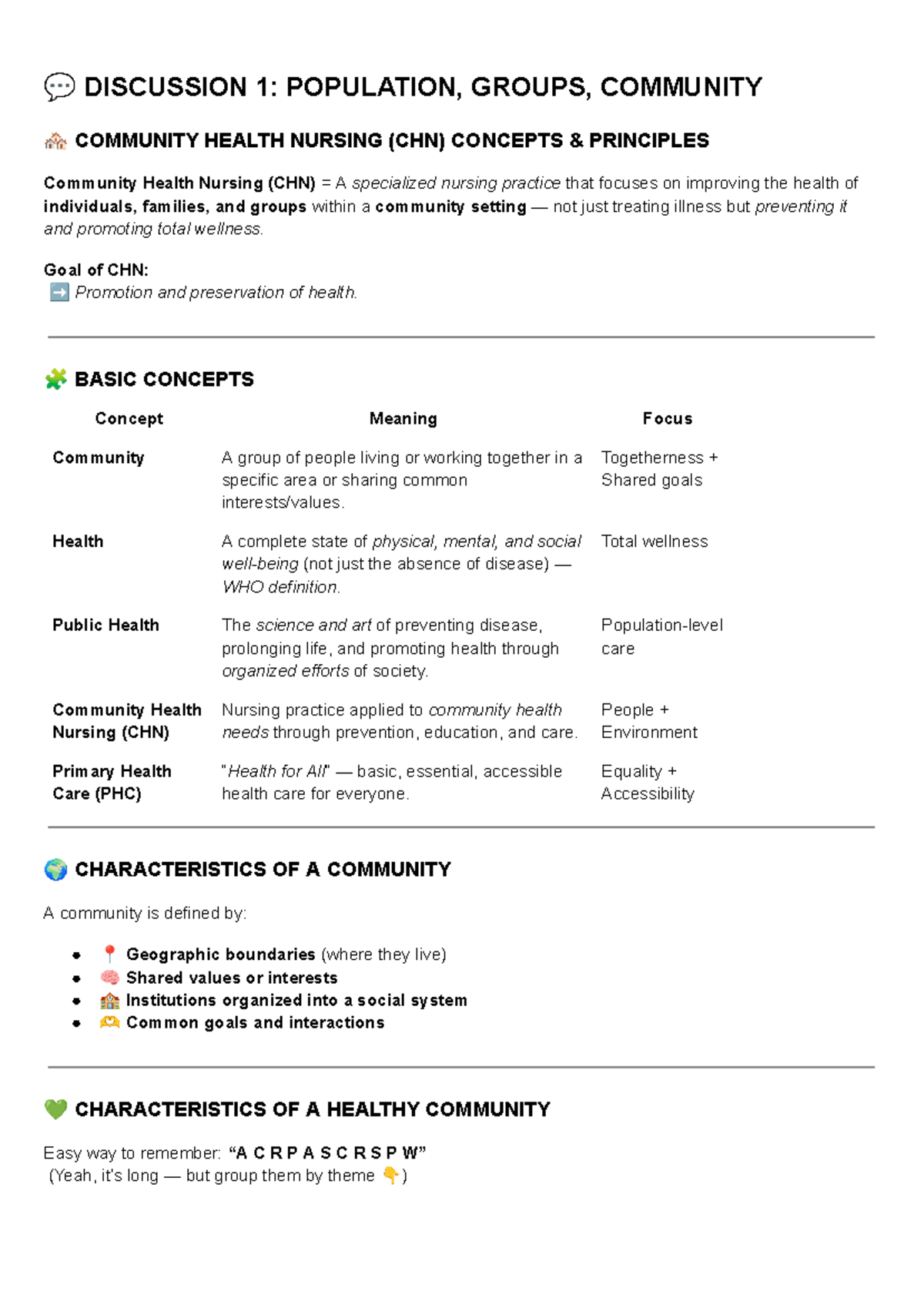 CHN 2: Summary Notes on Community Health Nursing Concepts and ...