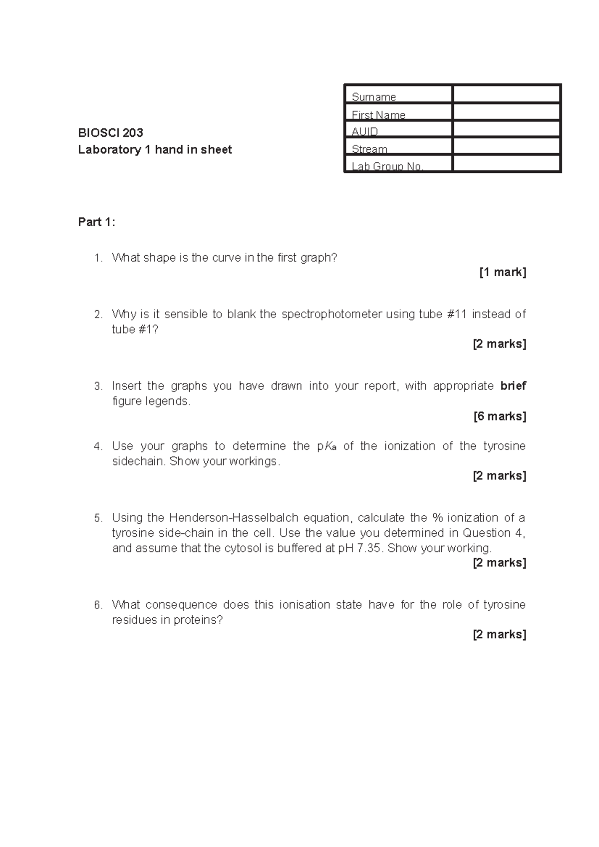 Biosci 203 Final Lab Report: Analysis & Calculations for Lab 1 - Studocu