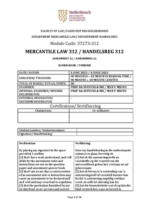A2 2023 - Mercantile Law 312 Closed Book Assessment Details - Studocu