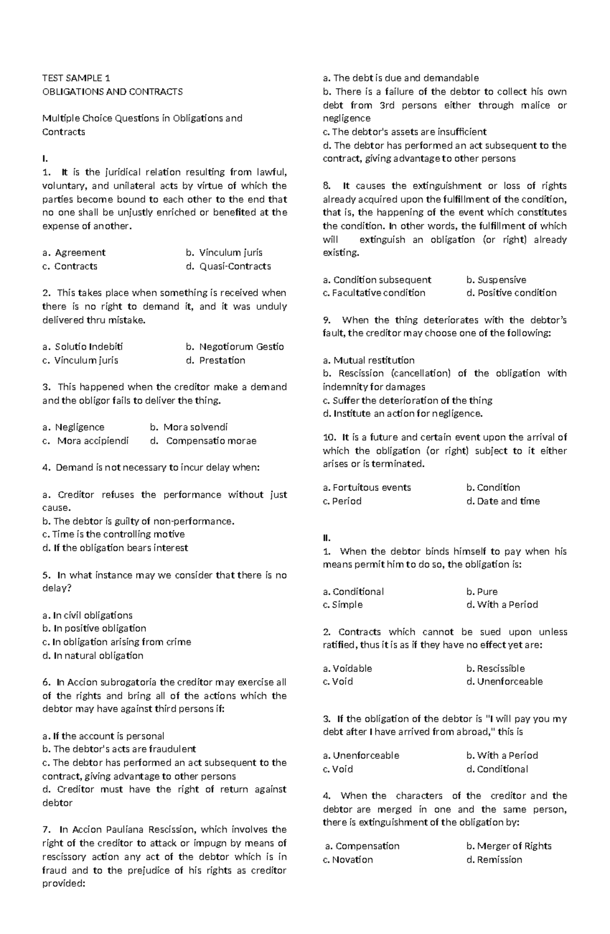 469460536 TEST Sample 1 LAW Oblicon - TEST SAMPLE 1 OBLIGATIONS AND ...