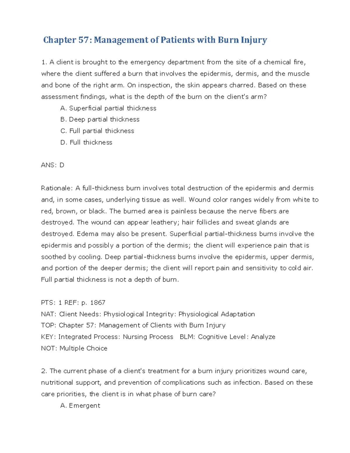 TG Med Surg III Chapter 57 Test Bank: Management of Burn Patients - Studocu