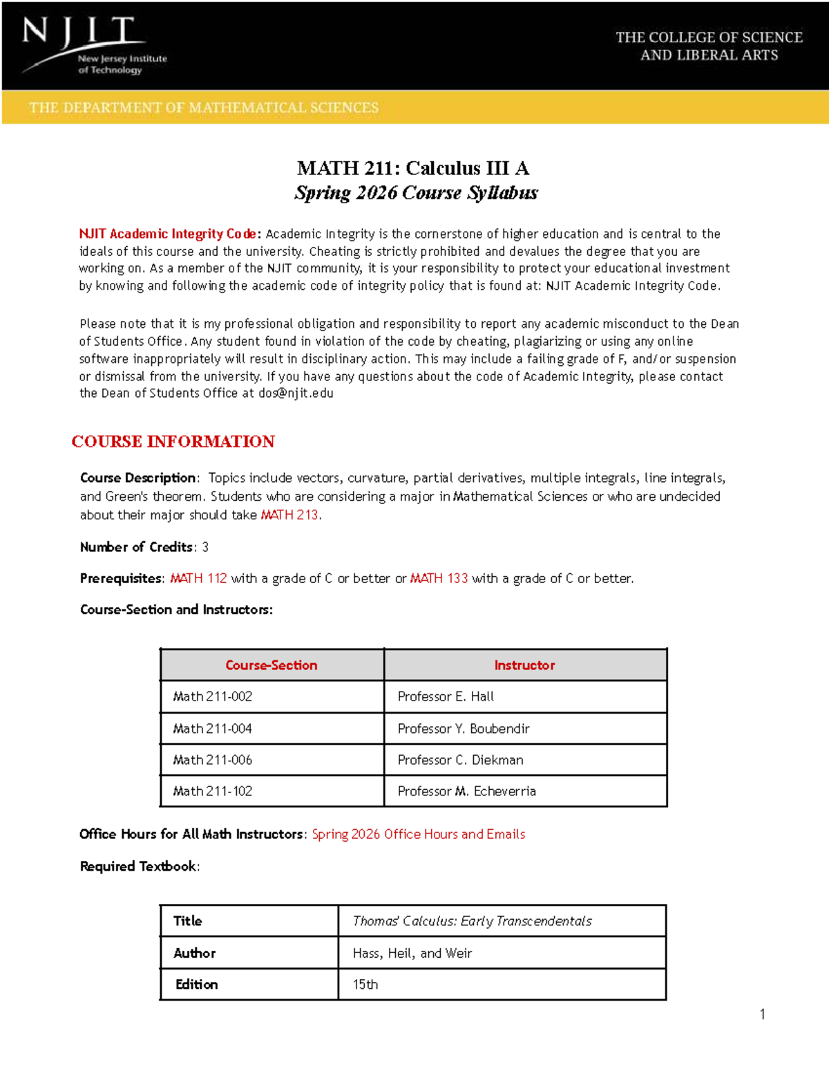 MATH 211: Calculus A Spring 2026 Course Syllabus and Policies - Studocu