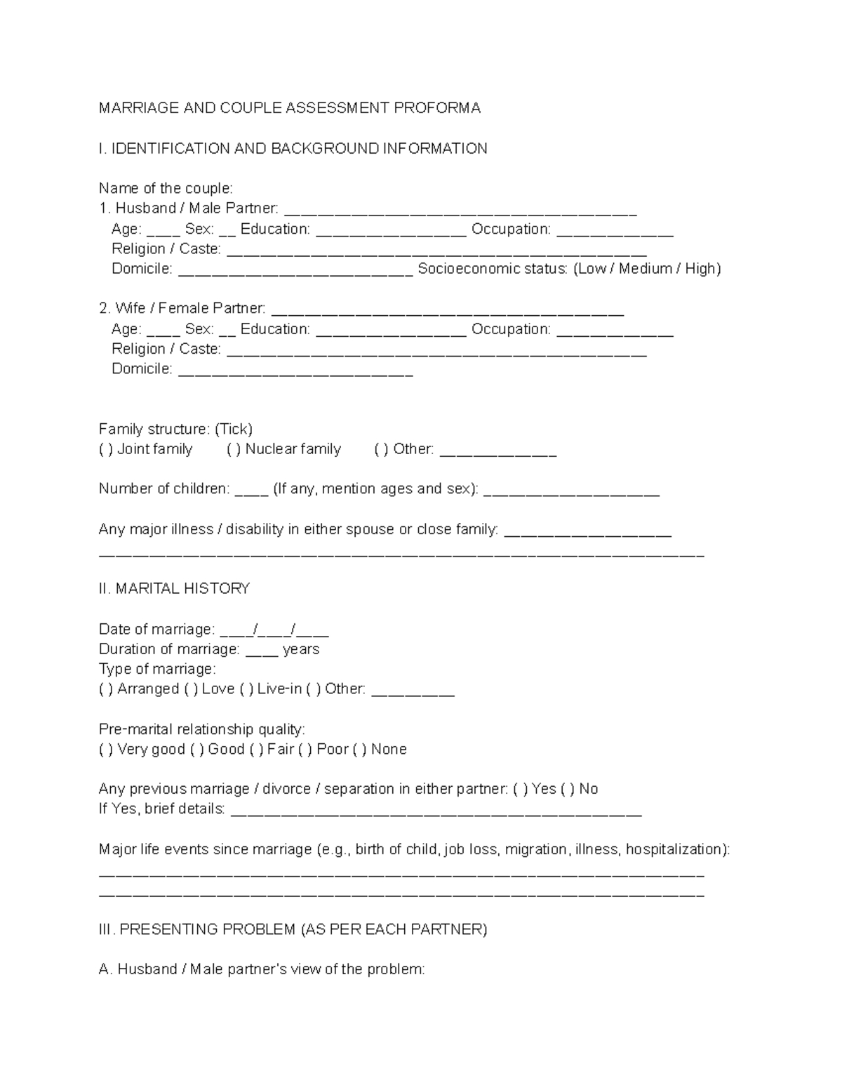 Marital Assessment Proforma: Identification & Background Info - Studocu