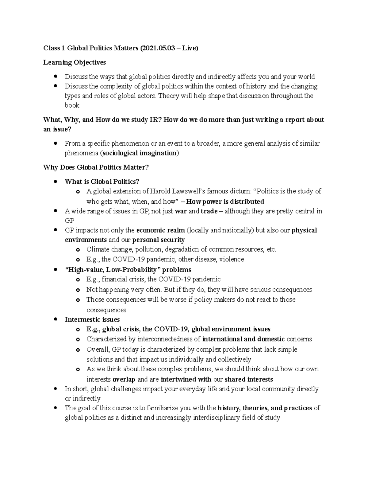 POL 2103A Lecture Notes - Class 1 Global Politics Matters (2021.05 ...
