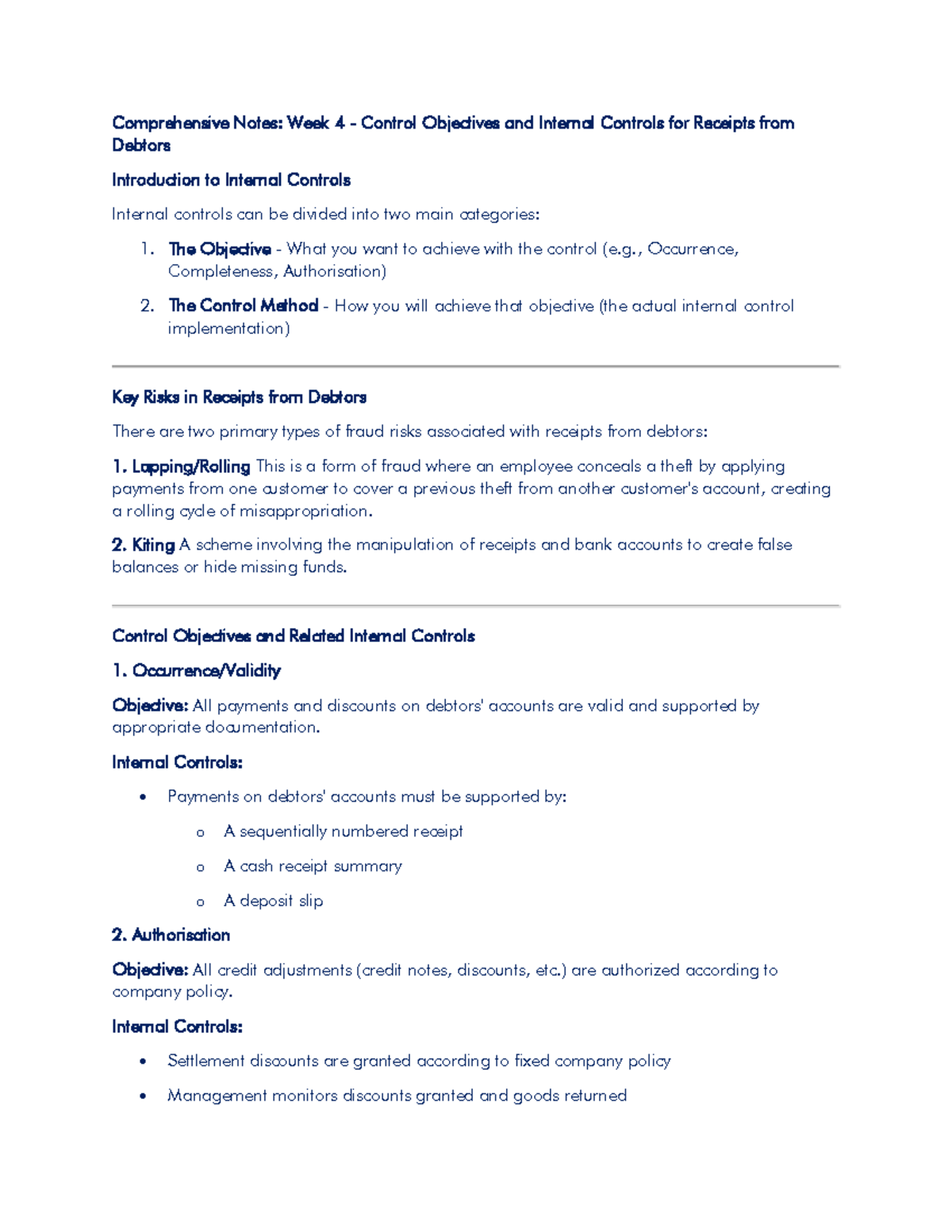 Week 4 Lecture Notes: Control Objectives & Internal Controls for ...