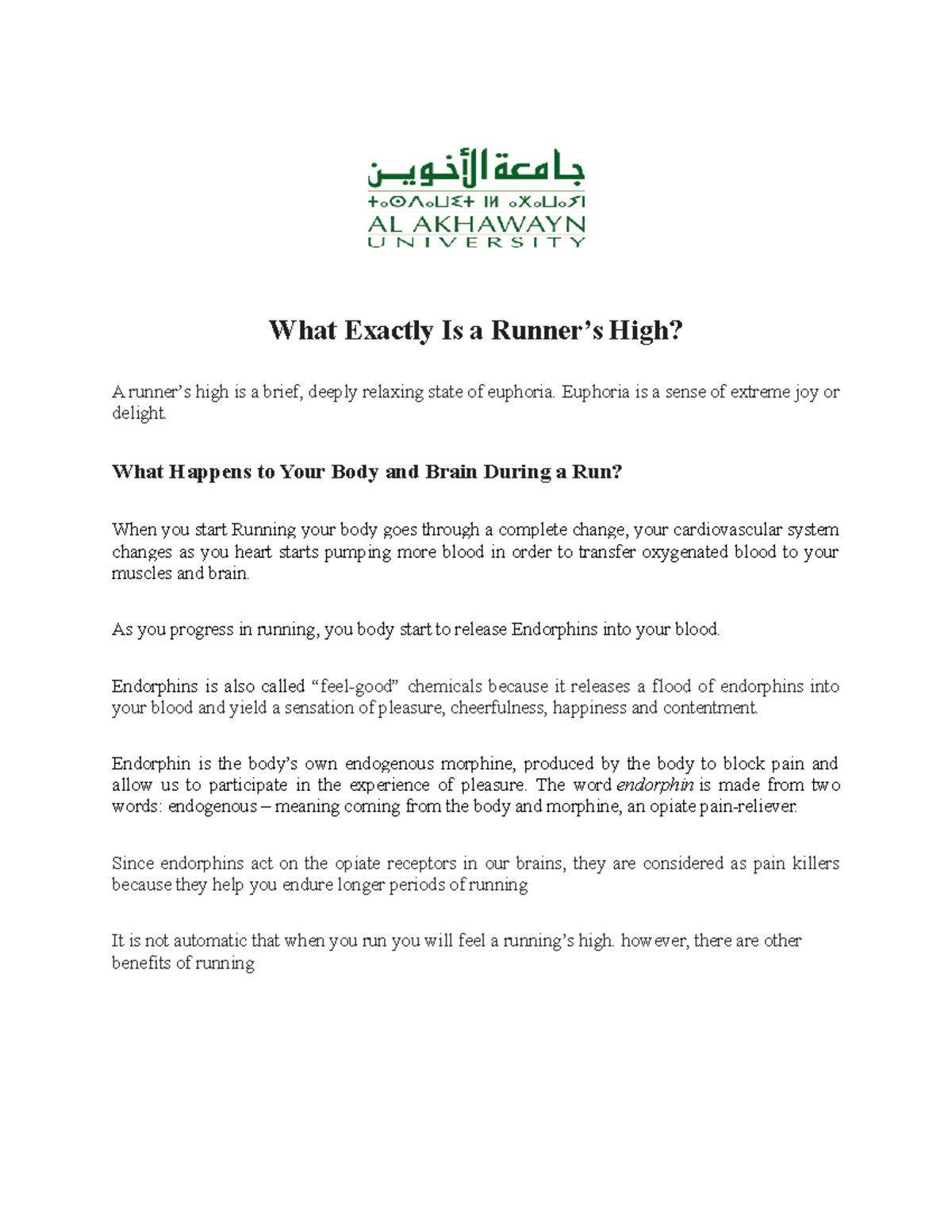 Runner’s High: Understanding Euphoria and Benefits of Running - Studocu
