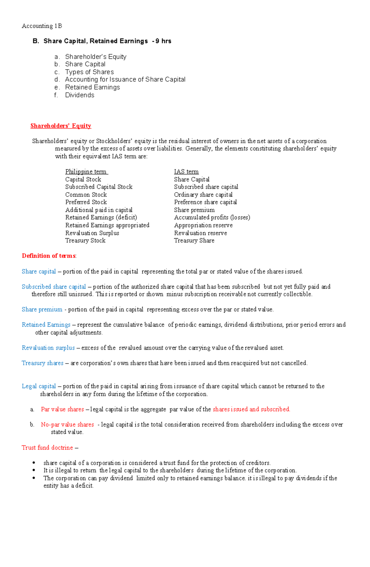 Accounting 1B final exam notes on share capital and retained earnings ...