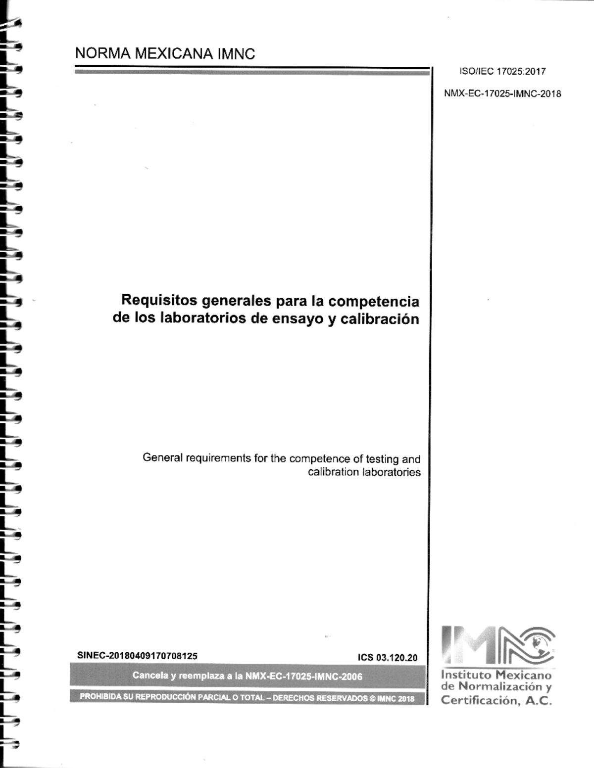 NMX EC 17025 IMNC 2018 - Requisitos para Laboratorios de Ensayo y Calibración - Document Preview