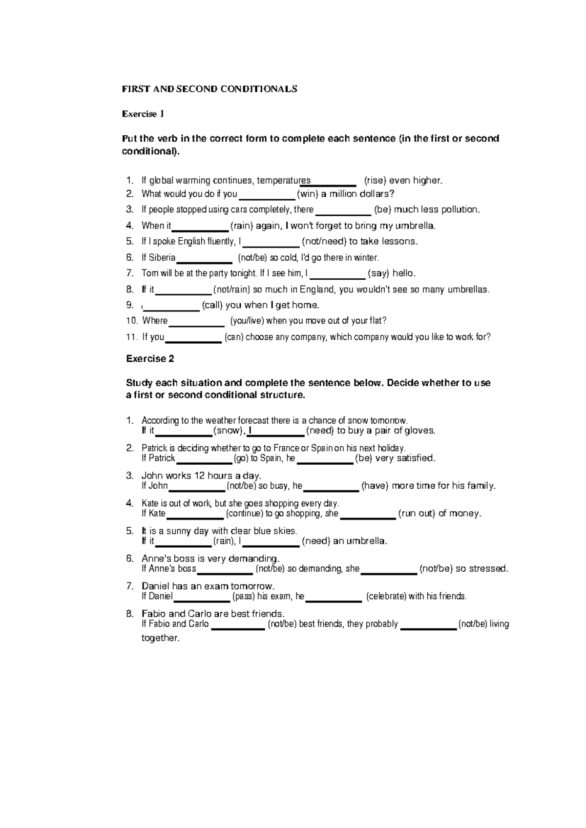 First and Second Conditional Exercises for English Class - Studocu