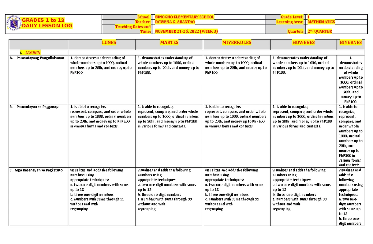 DLL MTB 1 Q2 W3 - daily lesson log for grade 1 - GRADES 1 to 12 DAILY ...