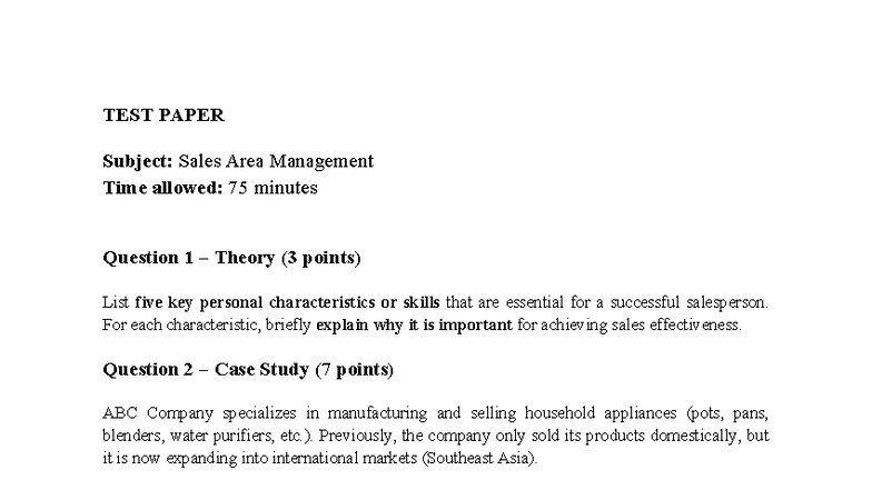 Sales Area Management Test Paper 1: Key Skills & Case Study Analysis ...