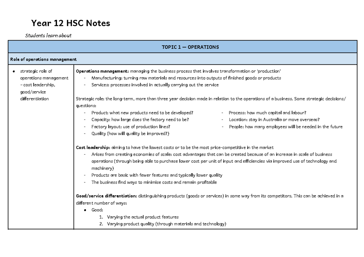 Business Studies HSC Notes - Year 12 HSC Notes Students learn about ...