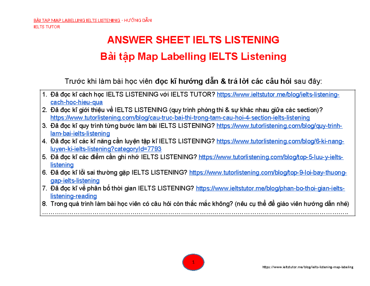 BÀI TẬP MAP LABELLING IELTS LISTENING - ANSWER SHEET - Studocu