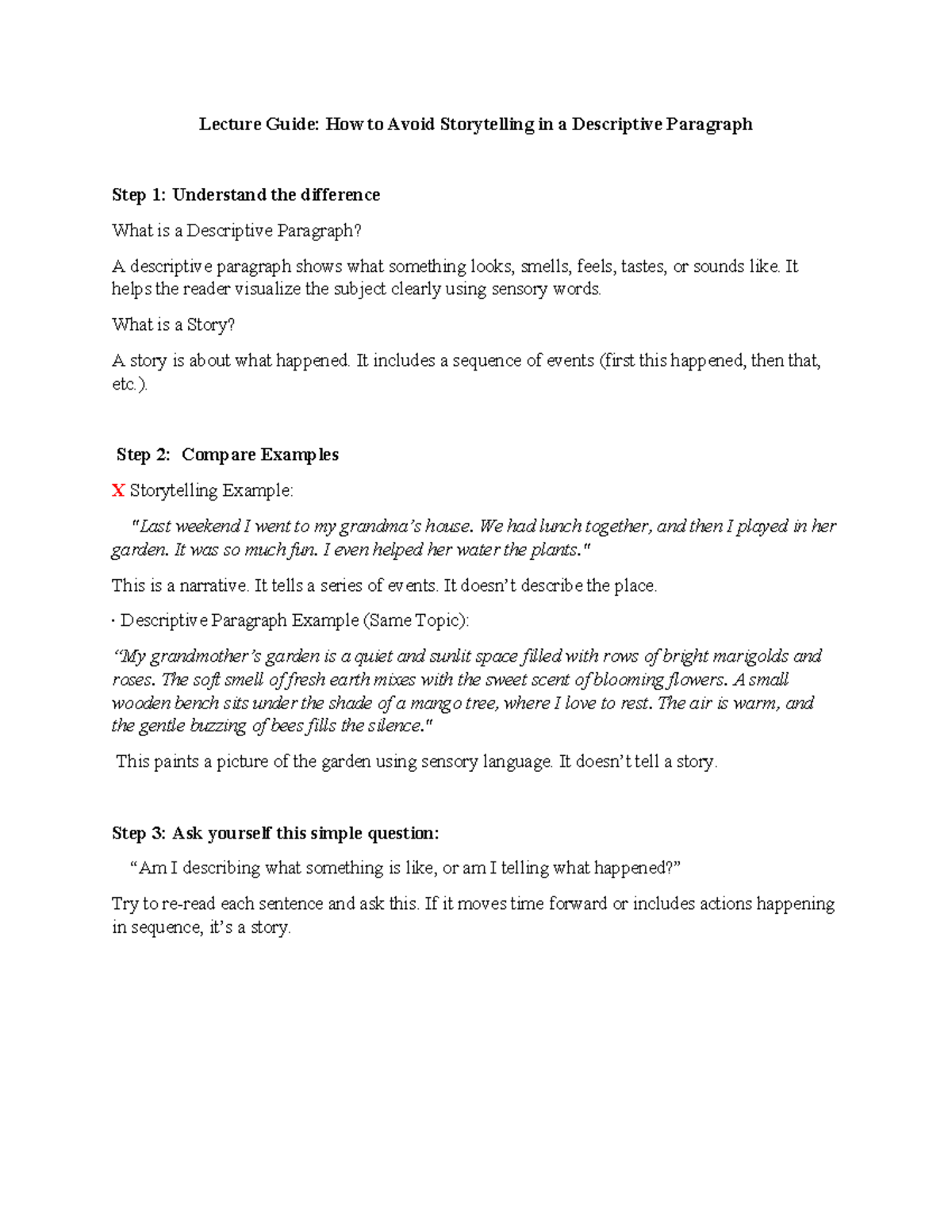 Lecture Guide: Differentiating Descriptive Paragraphs from Stories ...