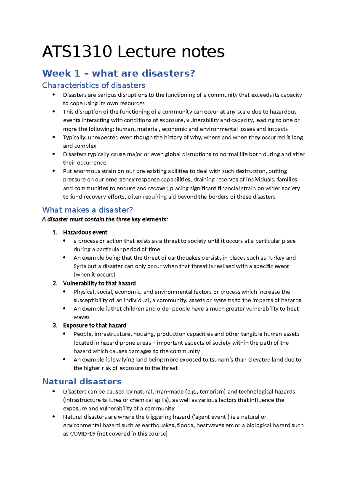 ATS1310 Lecture Notes on Natural Hazards and Disasters Insights - Studocu