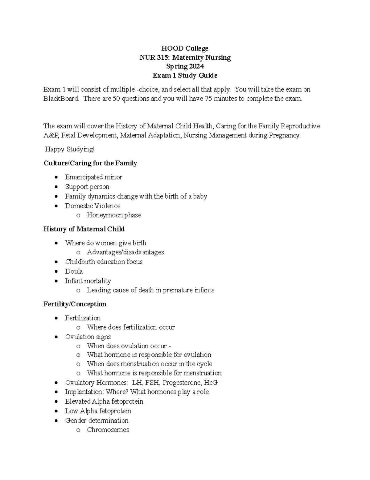 NUR 315 Exam 1 Study Guide: Maternity Nursing Spring 2024 - Studocu