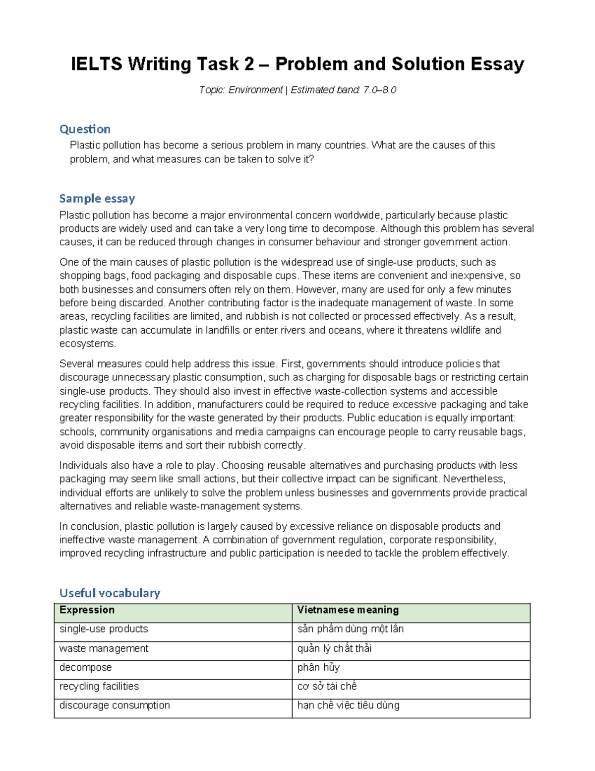 IELTS Writing Task 2: Problem-Solution Essay on Plastic Pollution - Studocu