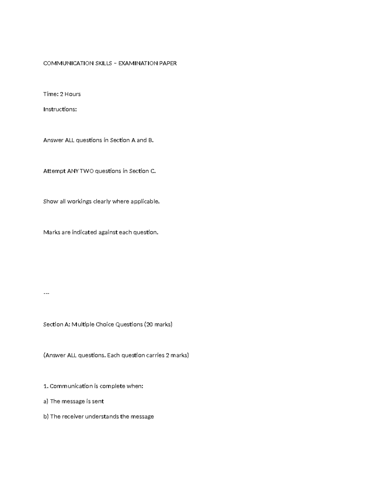COMMUNICATION SKILLS EXAMINATION PAPER - 2 HOURS - Studocu