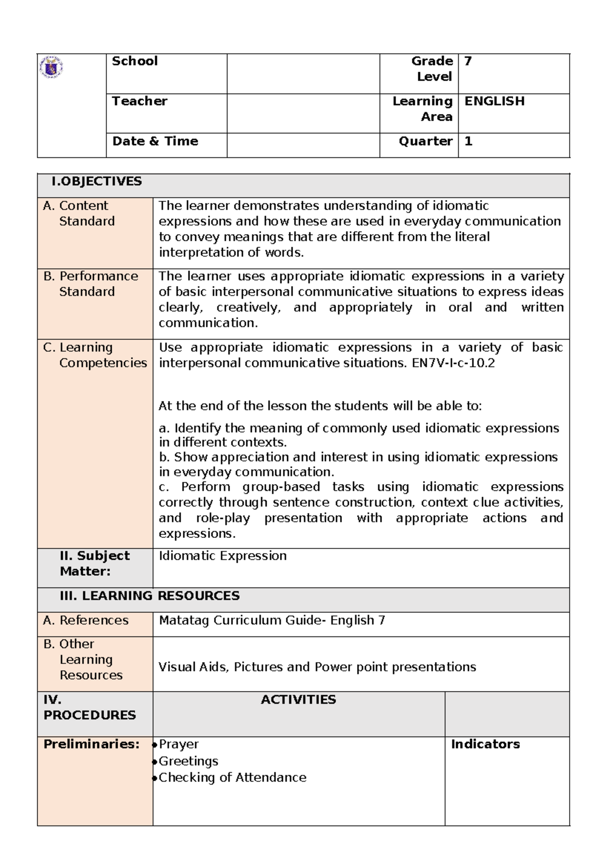 Revised Lesson Plan: Idiomatic Expressions for Grade 7 (ENGLISH) - Studocu