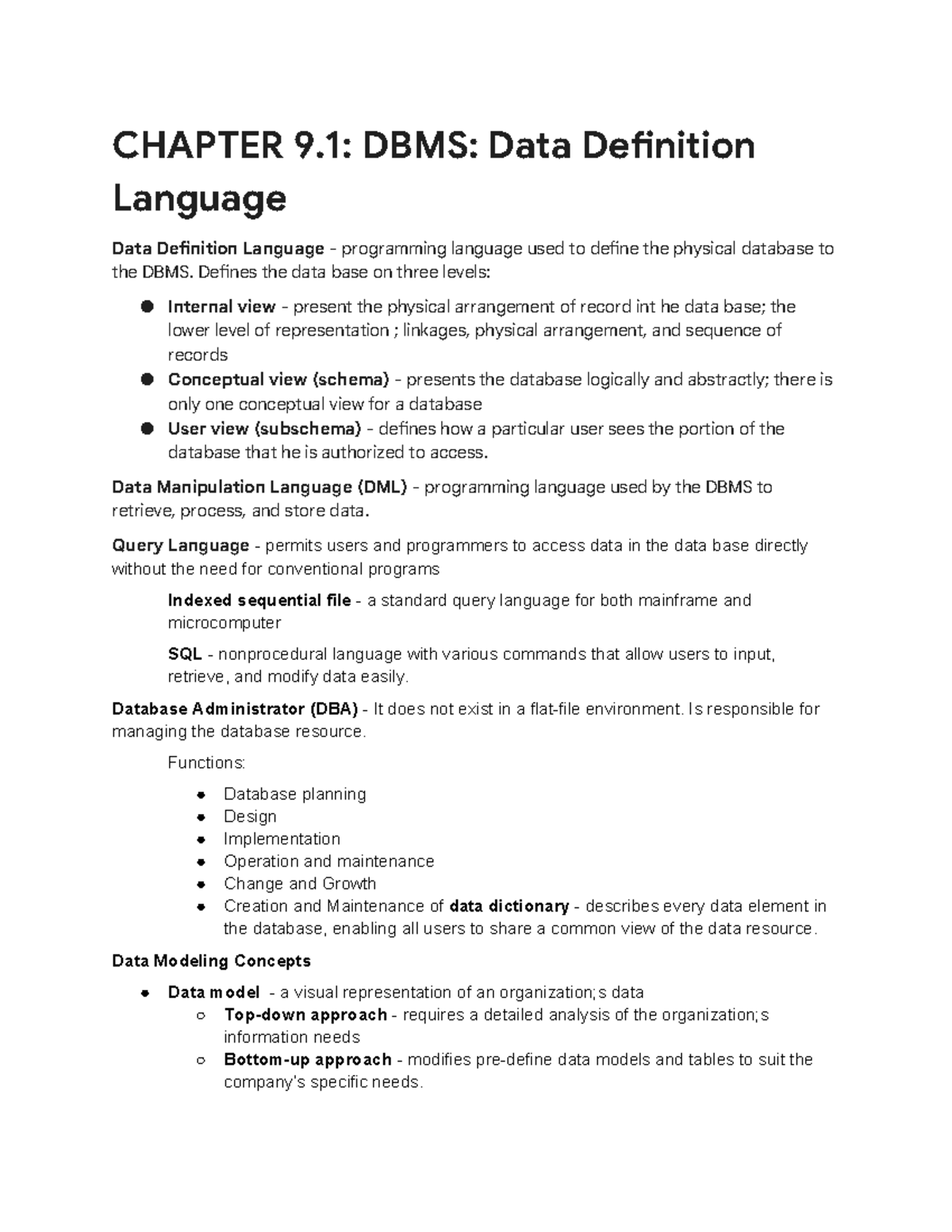 CHAPTER 9.1: DBMS - Understanding Data Definition Language - Studocu