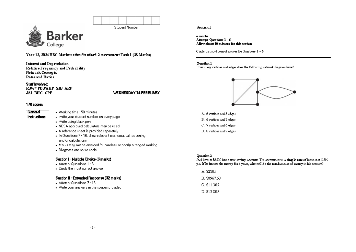 Year 12 HSC Mathematics Standard 2 Assessment Task 1 Solutions - Studocu