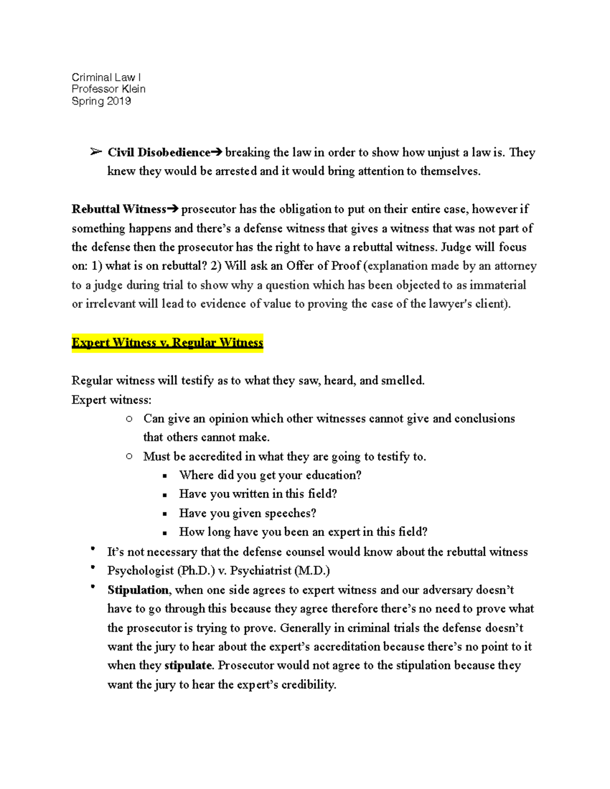 Expert Witness v. Regular Witness - Criminal Law I Professor Klein ...