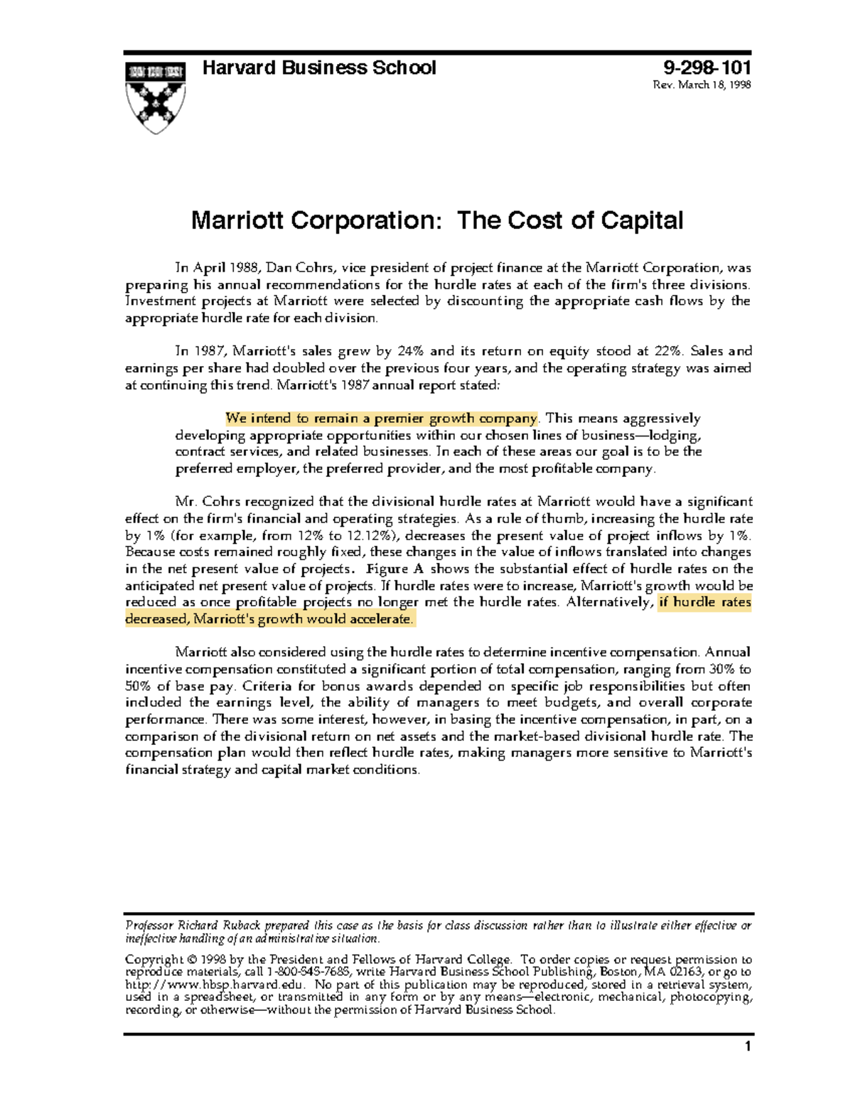 HBS 98 Case Study: Marriott Corporation's Cost of Capital Analysis ...