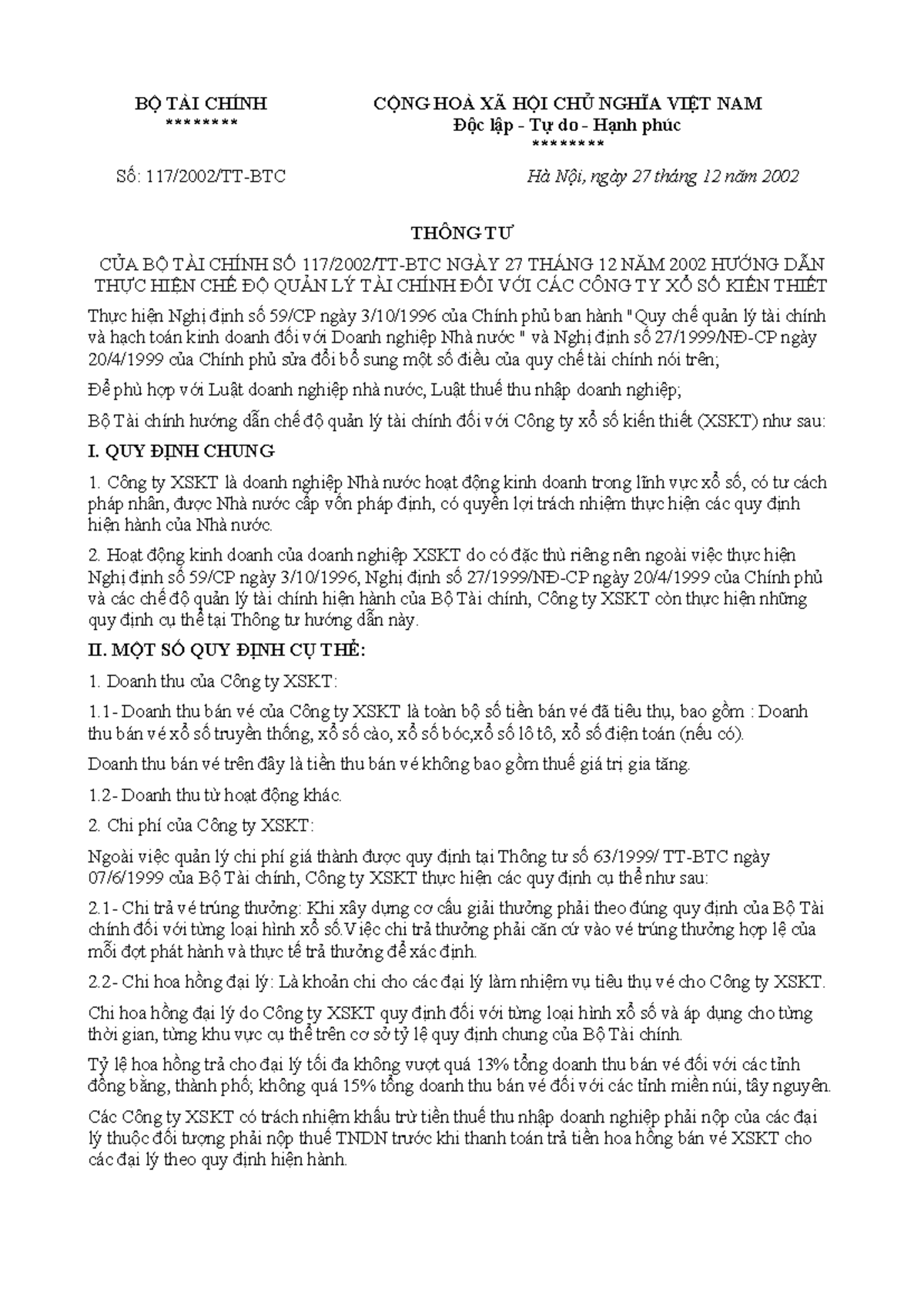 Hướng Dẫn Quản Lý Tài Chính Đối Với Công Ty XSKT - TT-BTC 2002 - Document Preview