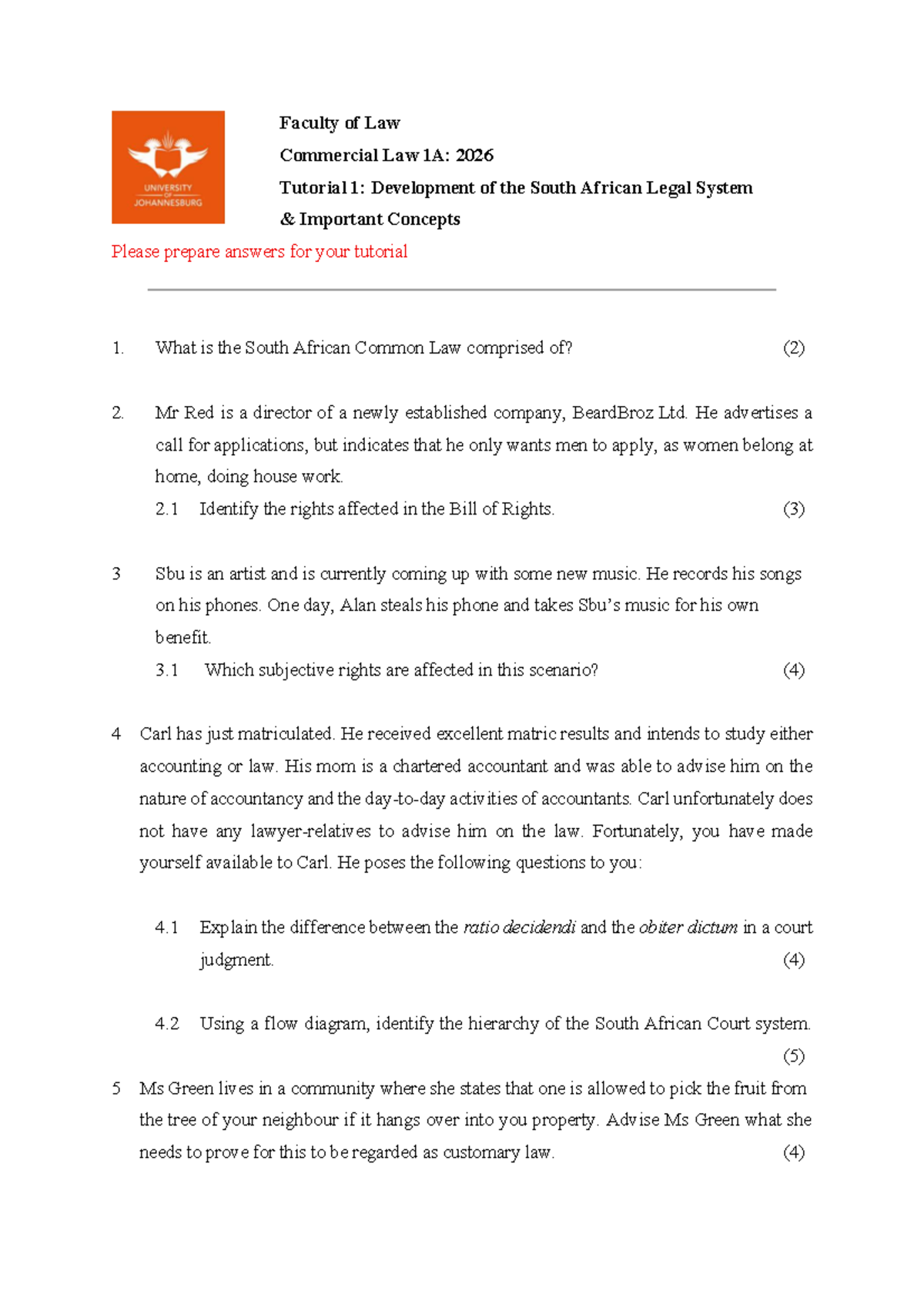 Com Law 1A: 2026 Tutorial 1 - Key Concepts in SA Legal System - Studocu