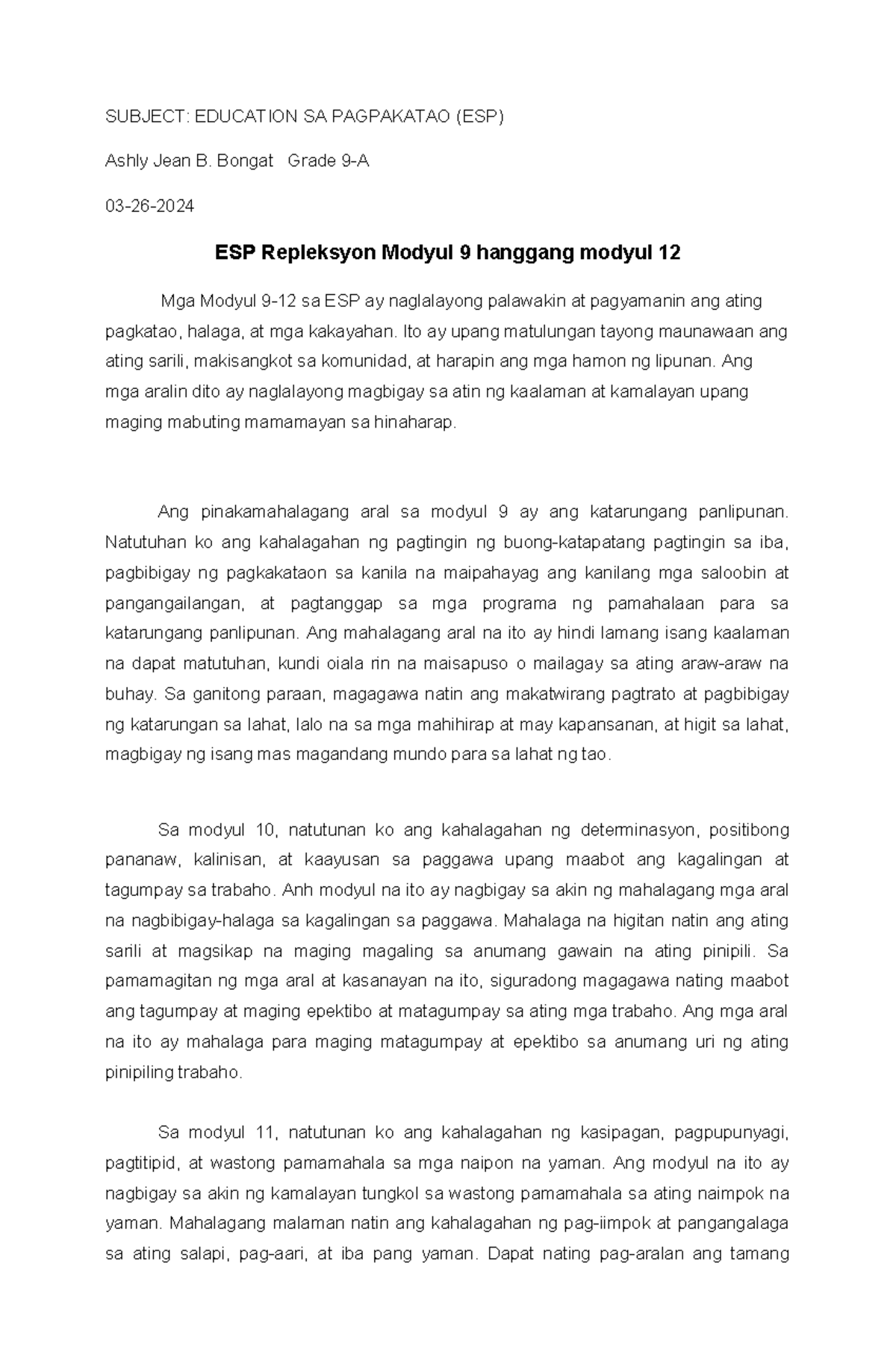 ESP Repleksyon - Reflection Paper on ESP - SUBJECT: EDUCATION SA ...