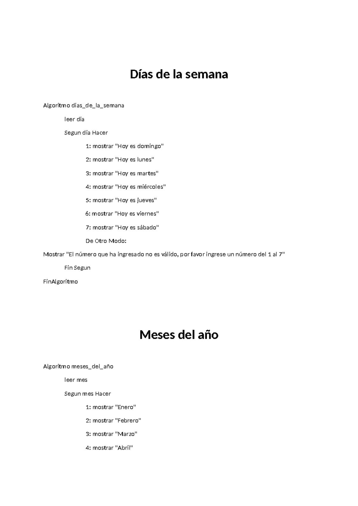Días de la semana - tarea database - Días de la semana Algoritmo dias ...