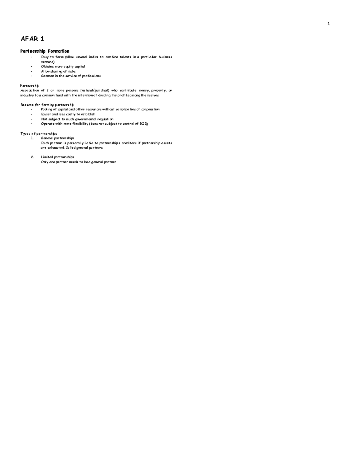 AFAR 1 - Lecture Notes on Partnership Formation and Types - Studocu