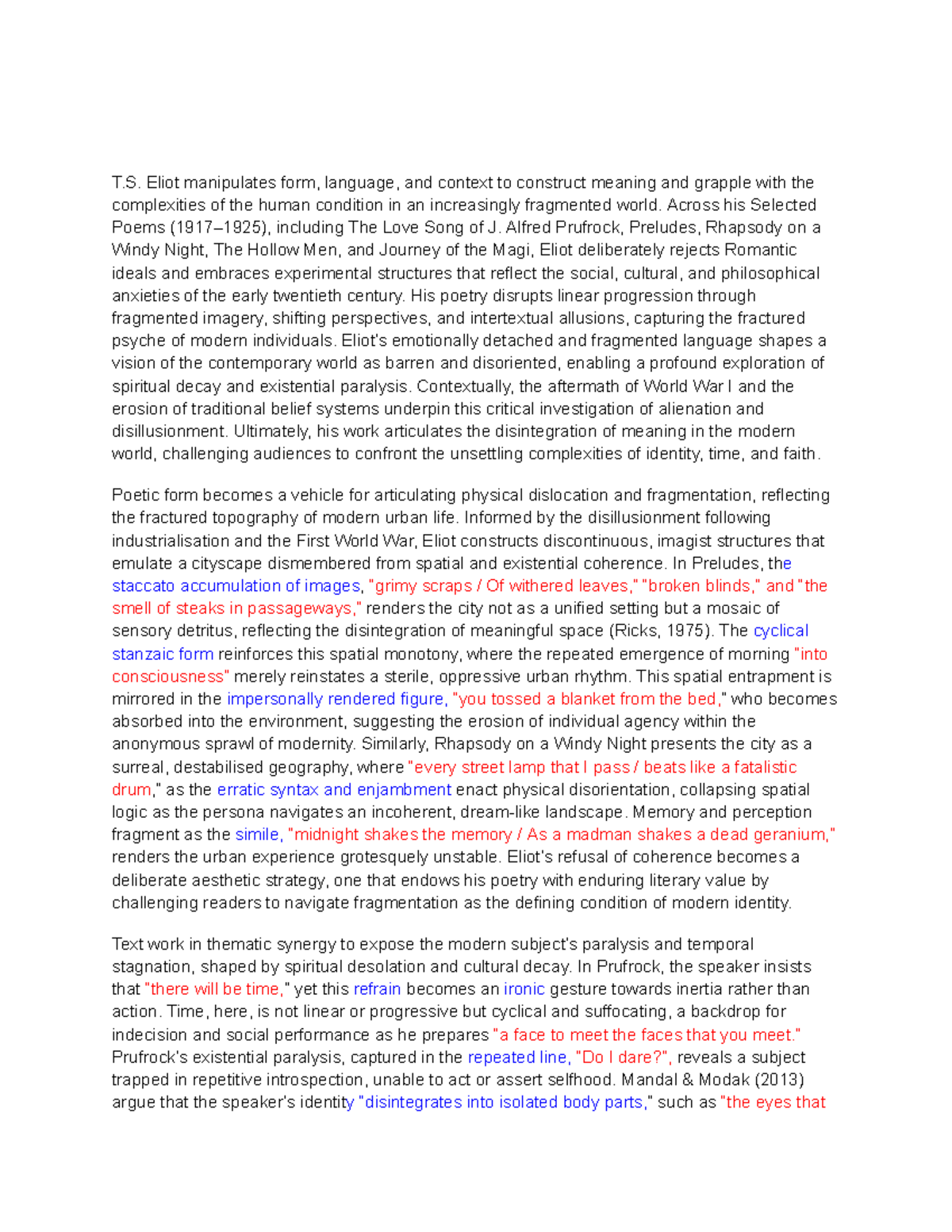 Mod B Generic Essay: T.S. Eliot's Fragmented Modernity and Human ...