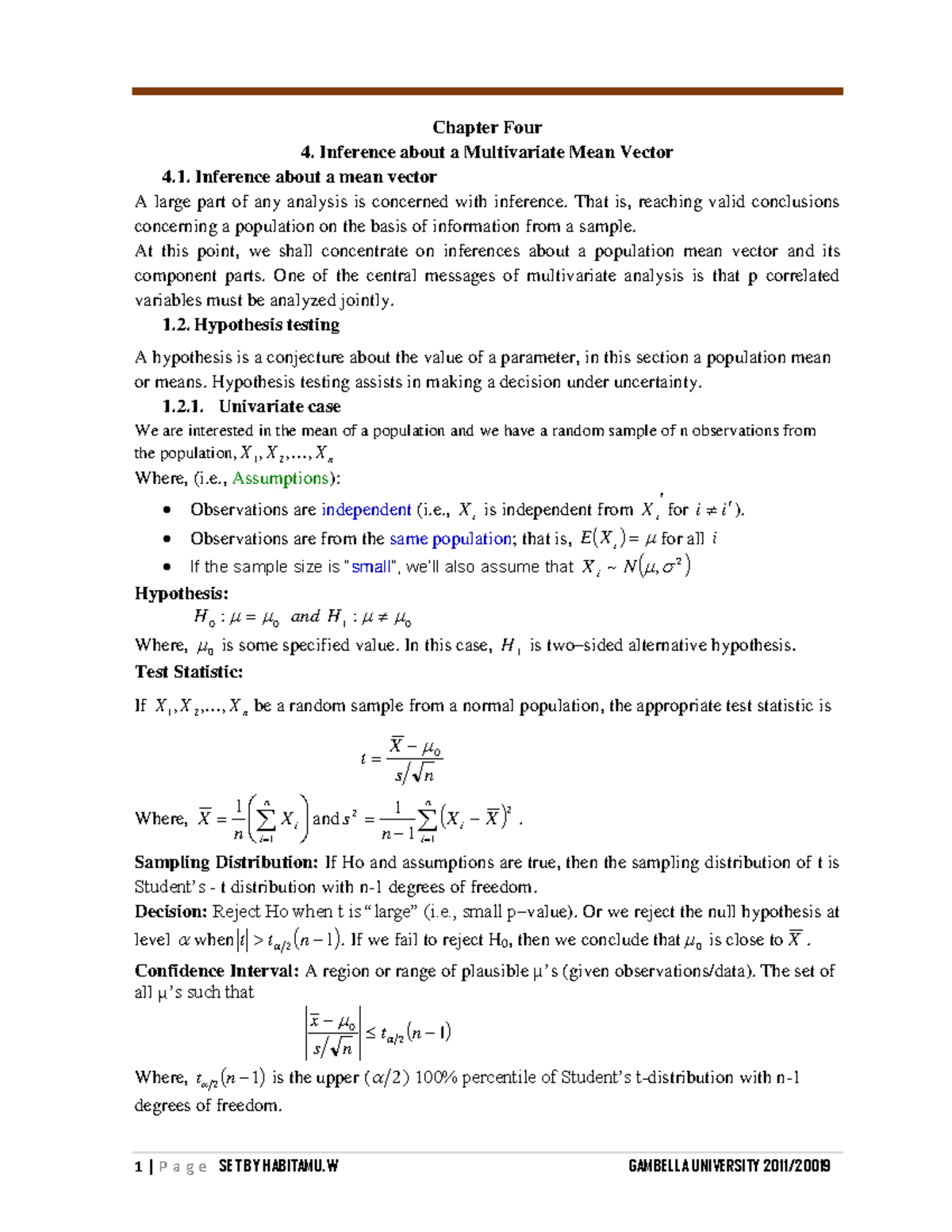 Chapter 4 - Inference on Multivariate Mean Vector: Hypothesis Testing ...