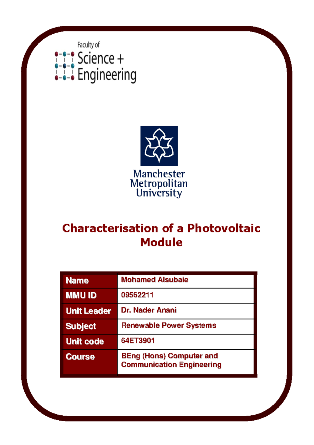 Mohamed alsubaie pv lab report renewable power - Characterisation of a ...