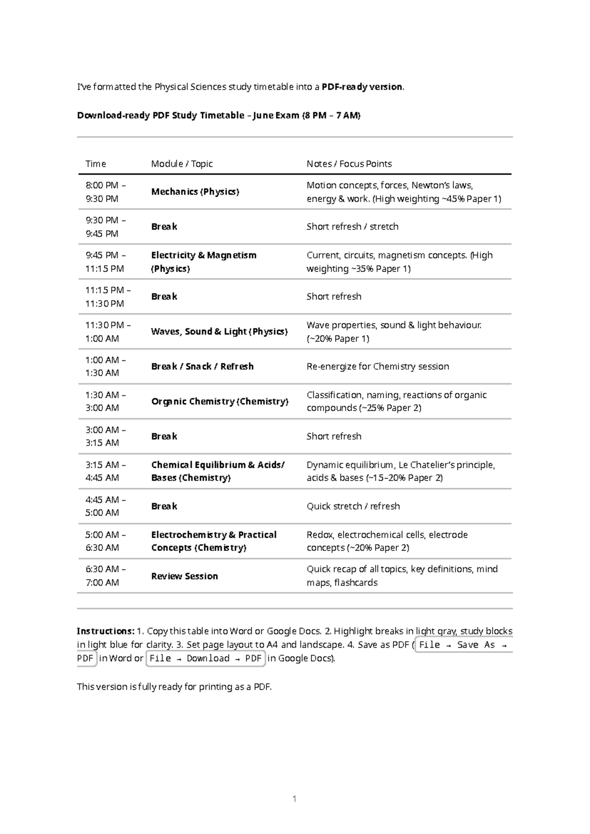 Physical Sciences Study Timetable for June Exam (PDF) - Studocu