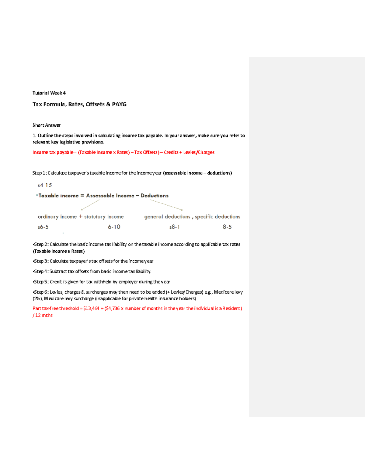 TAX101: Week 4 Lecture Notes on Tax Formula, Rates, & PAYG - Studocu
