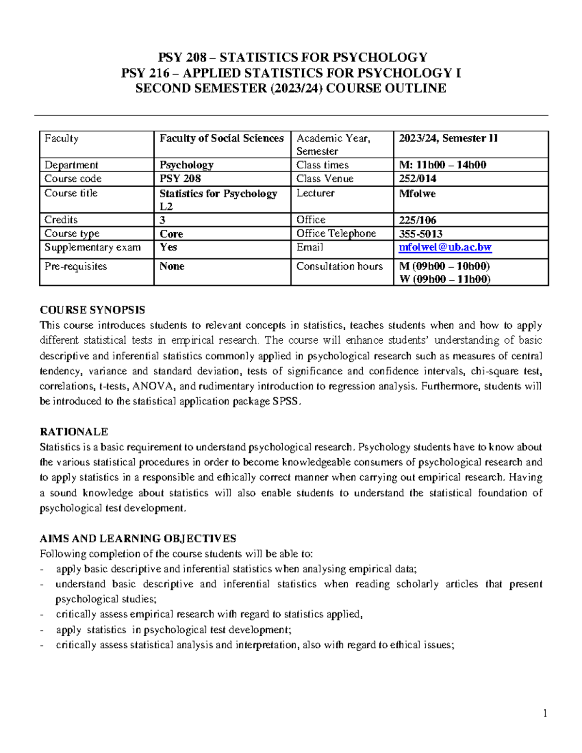 PSY 208 & PSY 216 Course Outline: Statistics for Psychology II - Studocu