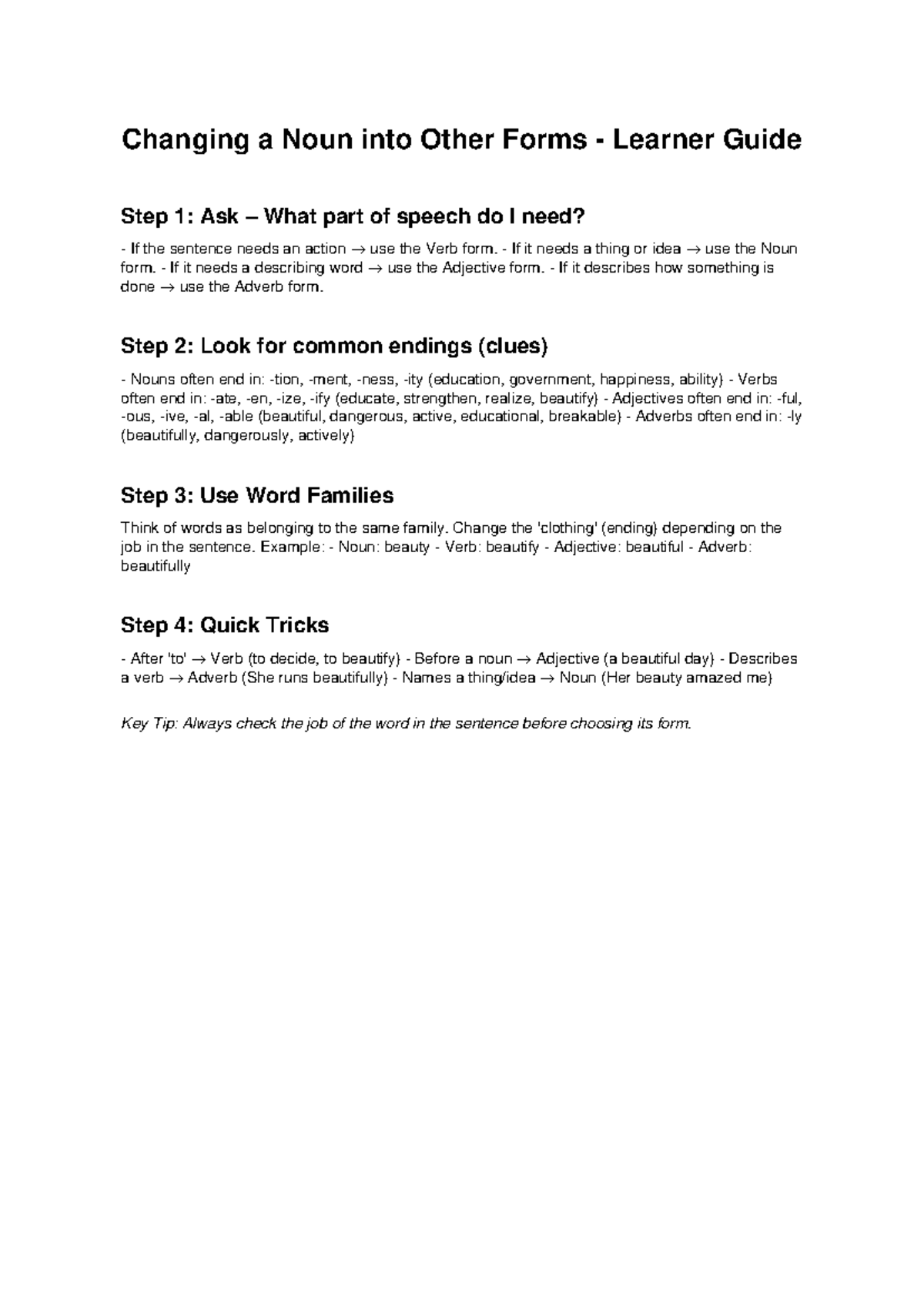 Changing Word Forms Guide: Nouns, Verbs, Adjectives, Adverbs - Studocu