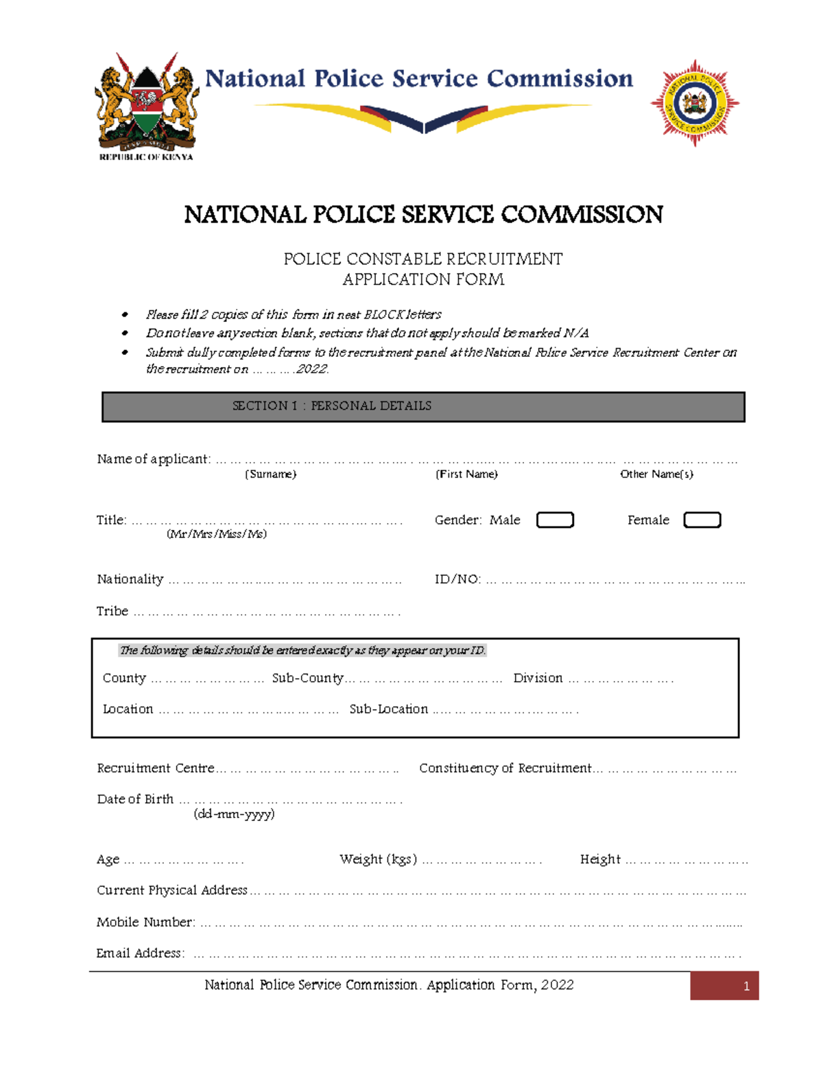 Recruitment Application Form - Final 2022 - NATIONAL POLICE SERVICE ...