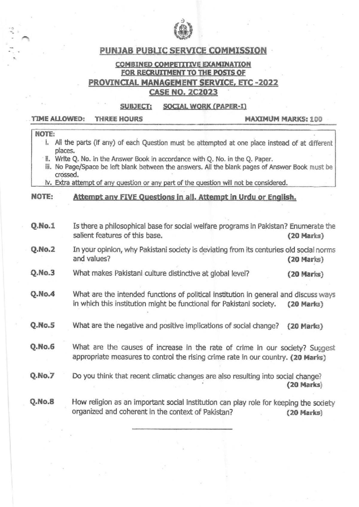 PMS Social Work Final Exam Paper 2023: Key Questions & Guidelines - Studocu