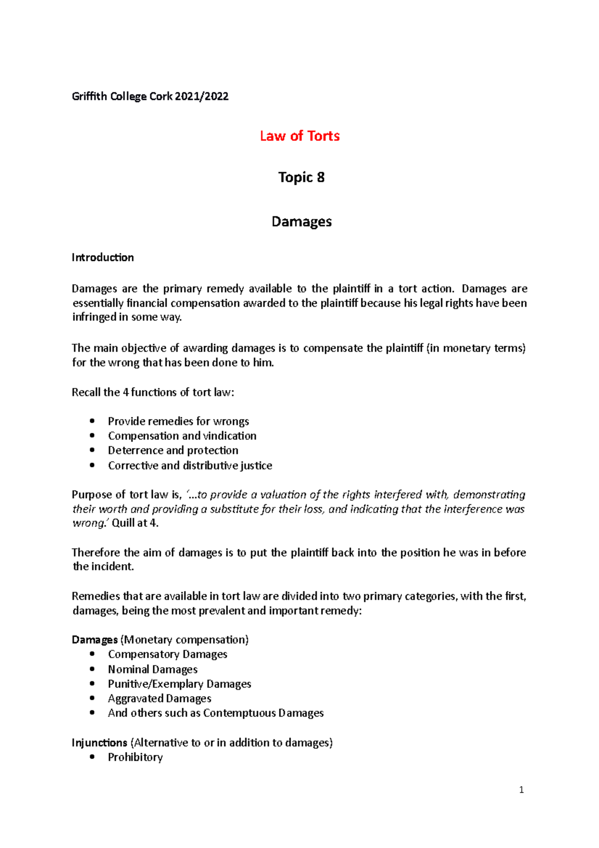 Damages in Tort Law - Lecture Notes for Legal Studies (LAW101) - Studocu
