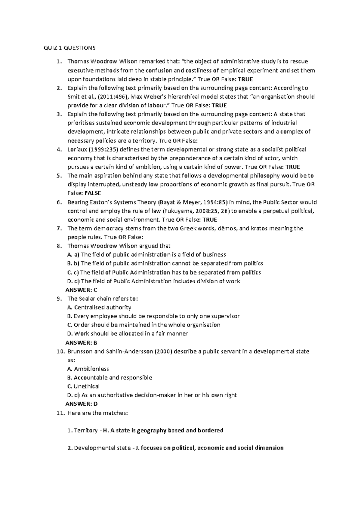 QUIZ 1: Key Questions and Concepts in Public Administration - Studocu